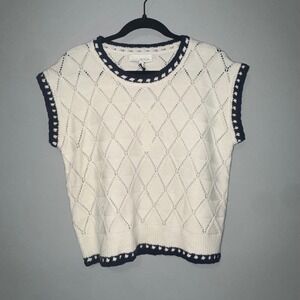Pinch Women Cream Navy Blue‎ Diamond Pointelle Knit Sweater Vest Size M NWT